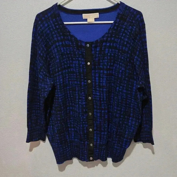 Michael Kors Cardigan 2X Abstract Plaid Button Down Sweater Royal Blue 3/4 Sleev - Picture 2 of 10